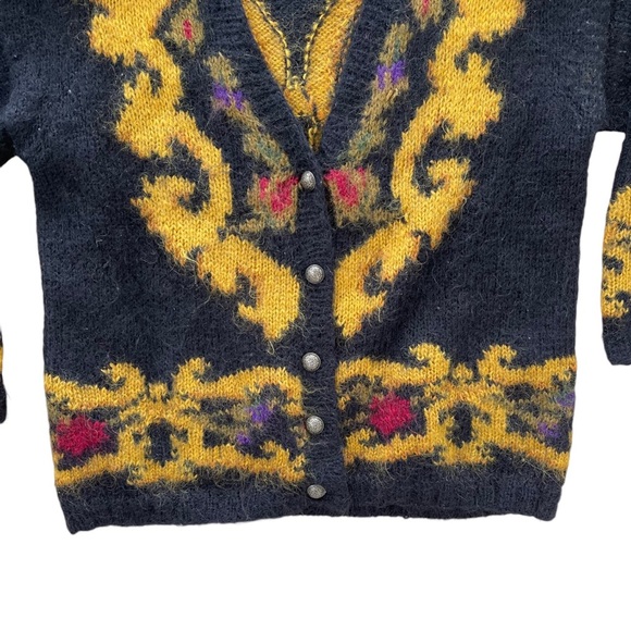 Vintage Women’s Black Printed Mohair Blend Button Up Cardigan Sweater - Picture 2 of 5